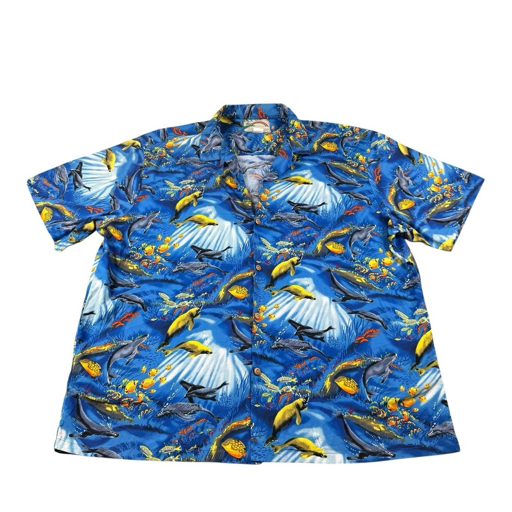 Paradise Found Blue Manatees Whale VTG 90s Hawaiian Button Front Shirt 2XL